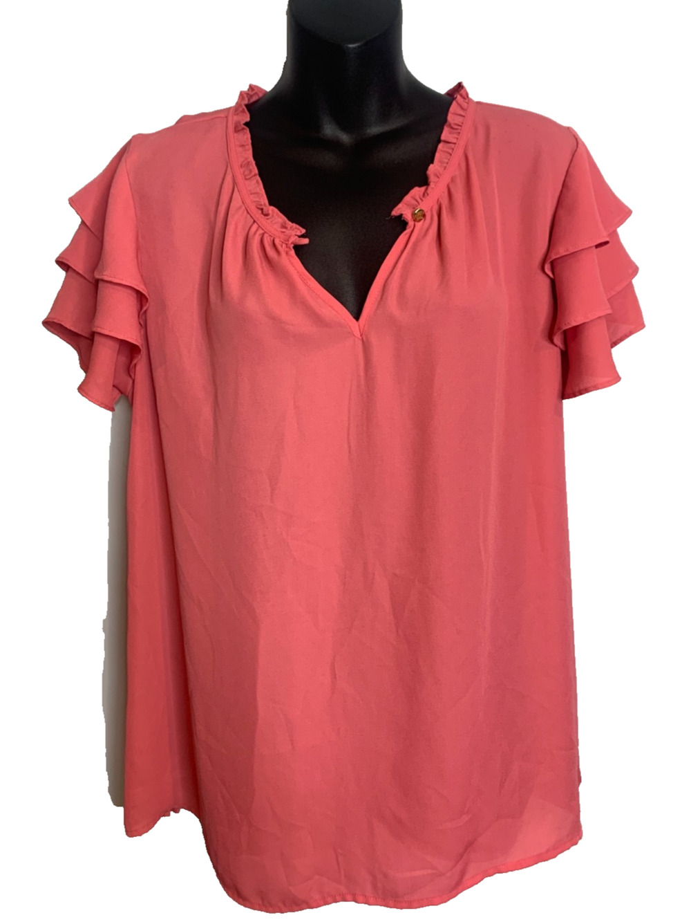 Liz Claiborne Women's XL Flutter Sleeve Ruffle Neck V Neck Blouse Mauve Pink